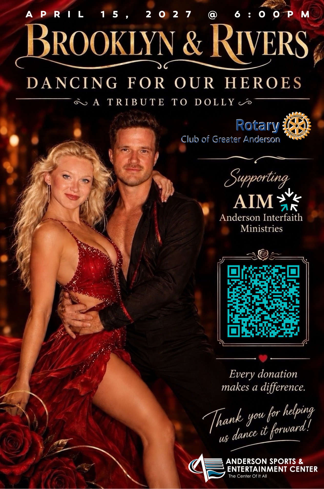 Dancing for Our Heroes 2027 flyer: Brooklyn & Rivers, A Tribute to Dolly, April 15, 2027 at 6:30 PM, supporting AIM